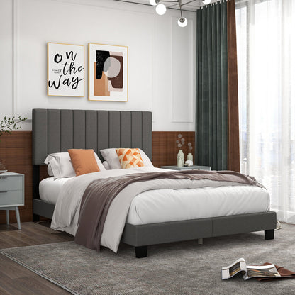 Queen Size Upholstered Platform Bed with Vertical Channel Tufted Headboard in Grey