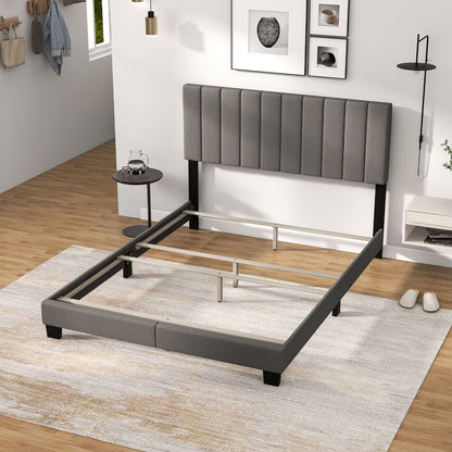 Queen Size Upholstered Platform Bed with Vertical Channel Tufted Headboard in Grey