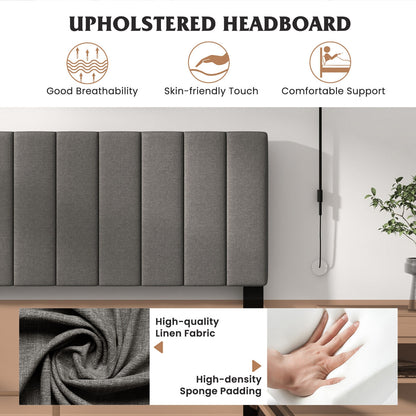 Queen Size Upholstered Platform Bed with Vertical Channel Tufted Headboard in Grey