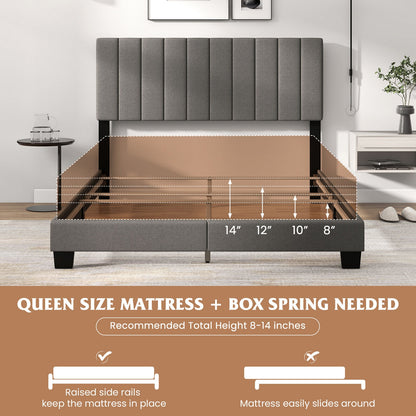 Queen Size Upholstered Platform Bed with Vertical Channel Tufted Headboard in Grey