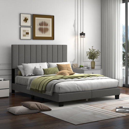 Queen Size Upholstered Platform Bed with Vertical Channel Tufted Headboard in Grey