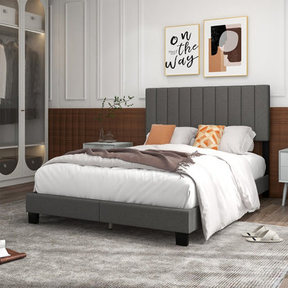 Queen Size Upholstered Platform Bed with Vertical Channel Tufted Headboard in Grey
