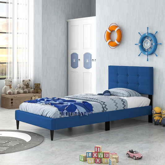 Modern Twin Size Upholstered Platform Bed with Button-Tufted Headboard in Blue