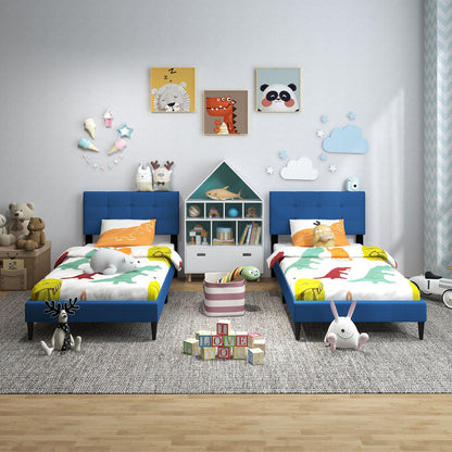 Modern Twin Size Upholstered Platform Bed with Button-Tufted Headboard in Blue