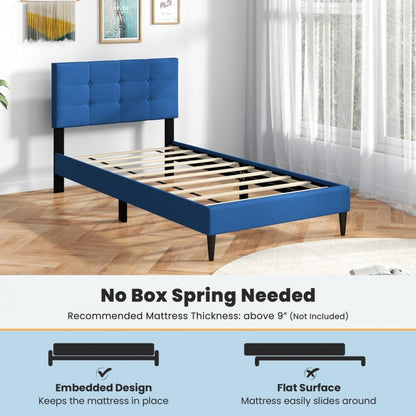 Modern Twin Size Upholstered Platform Bed with Button-Tufted Headboard in Blue