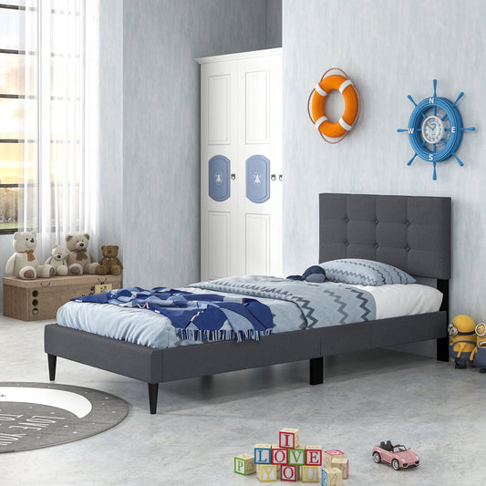 Modern Twin Size Upholstered Platform Bed with Button-Tufted Headboard in Grey