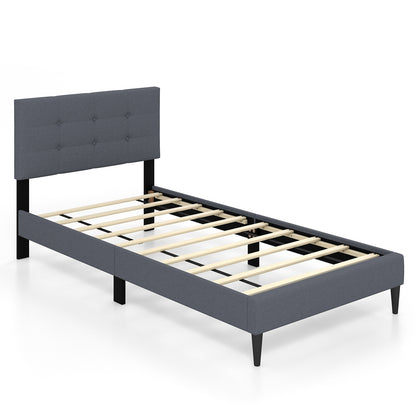 Modern Twin Size Upholstered Platform Bed with Button-Tufted Headboard in Grey