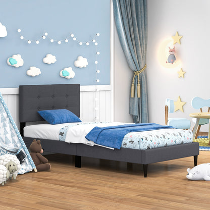 Modern Twin Size Upholstered Platform Bed with Button-Tufted Headboard in Grey