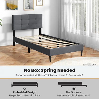 Modern Twin Size Upholstered Platform Bed with Button-Tufted Headboard in Grey