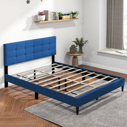 Modern Queen Size Upholstered Platform Bed with Button-Tufted Headboard in Blue