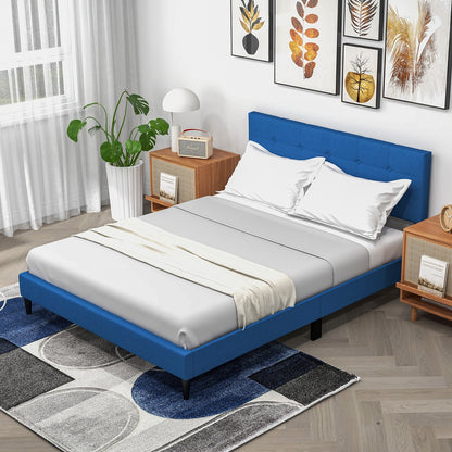 Modern Queen Size Upholstered Platform Bed with Button-Tufted Headboard in Blue