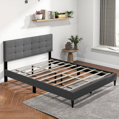 Modern Queen Size Upholstered Platform Bed with Button-Tufted Headboard in Grey
