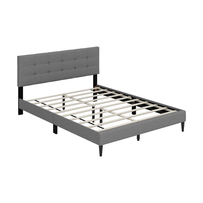 Modern Queen Size Upholstered Platform Bed with Button-Tufted Headboard in Grey
