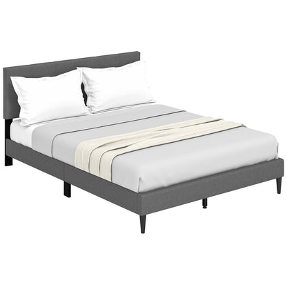 Modern Queen Size Upholstered Platform Bed with Button-Tufted Headboard in Grey