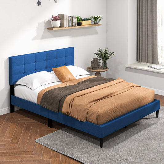 Modern Queen Size Upholstered Platform Bed with Button-Tufted Headboard in Blue