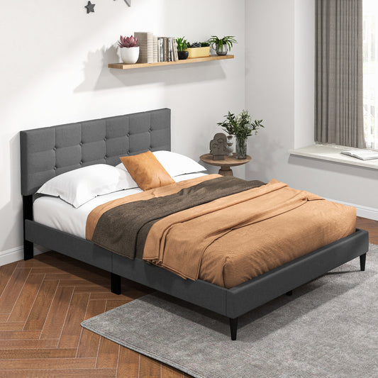 Modern Queen Size Upholstered Platform Bed with Button-Tufted Headboard in Grey