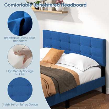 Modern Queen Size Upholstered Platform Bed with Button-Tufted Headboard in Blue