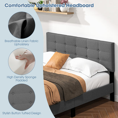 Modern Queen Size Upholstered Platform Bed with Button-Tufted Headboard in Grey