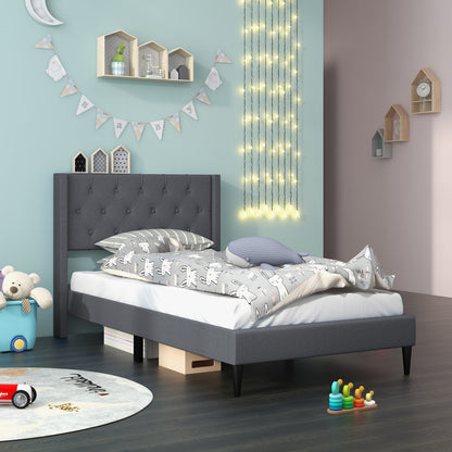 Modern Twin Size Upholstered Platform Bed with Button Tufted Wingback Headboard – Grey