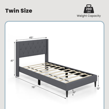 Modern Twin Size Upholstered Platform Bed with Button Tufted Wingback Headboard – Grey