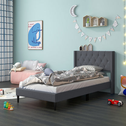 Modern Twin Size Upholstered Platform Bed with Button Tufted Wingback Headboard – Grey