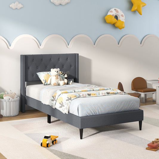 Modern Twin Size Upholstered Platform Bed with Button Tufted Wingback Headboard – Grey