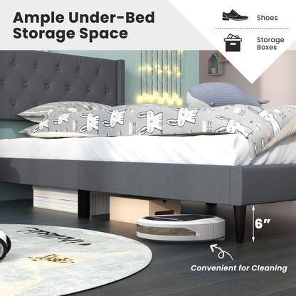 Modern Twin Size Upholstered Platform Bed with Button Tufted Wingback Headboard – Grey