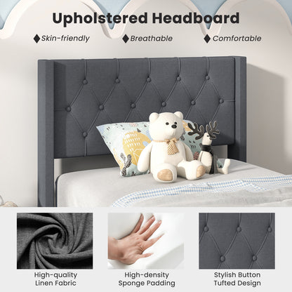 Modern Twin Size Upholstered Platform Bed with Button Tufted Wingback Headboard – Grey