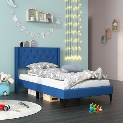 Modern Twin Size Upholstered Platform Bed with Button Tufted Wingback Headboard – Blue