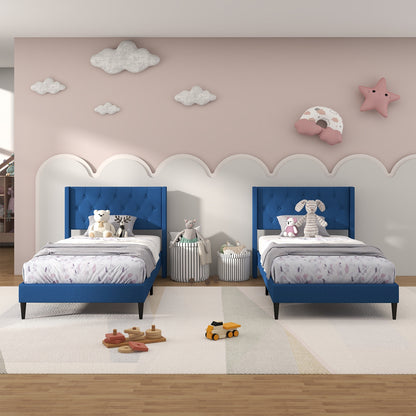 Modern Twin Size Upholstered Platform Bed with Button Tufted Wingback Headboard – Blue