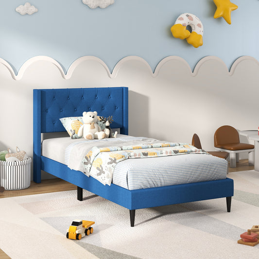 Modern Twin Size Upholstered Platform Bed with Button Tufted Wingback Headboard – Blue