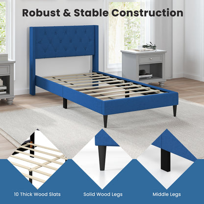 Modern Twin Size Upholstered Platform Bed with Button Tufted Wingback Headboard – Blue