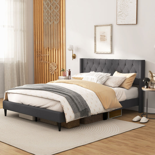 Modern Queen Size Upholstered Platform Bed with Button Tufted Wingback Headboard – Grey