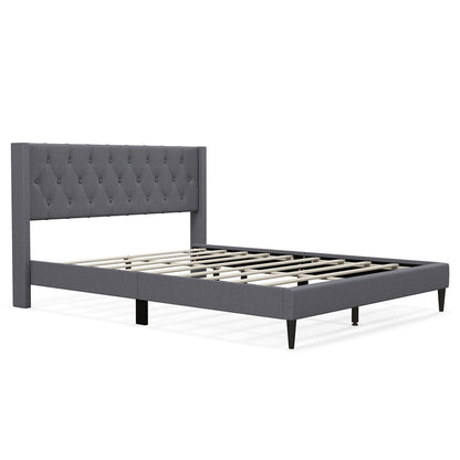 Modern Queen Size Upholstered Platform Bed with Button Tufted Wingback Headboard – Grey
