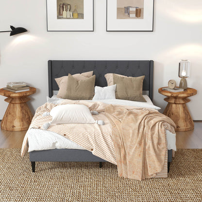 Modern Queen Size Upholstered Platform Bed with Button Tufted Wingback Headboard – Grey