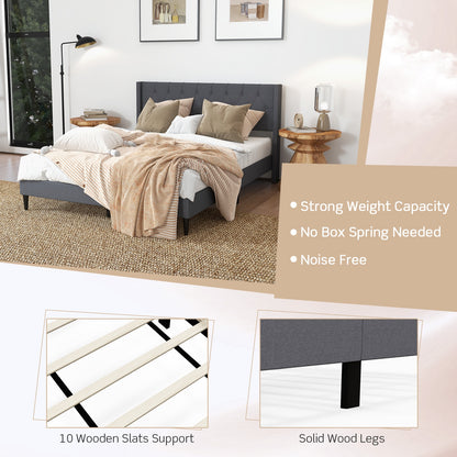 Modern Queen Size Upholstered Platform Bed with Button Tufted Wingback Headboard – Grey