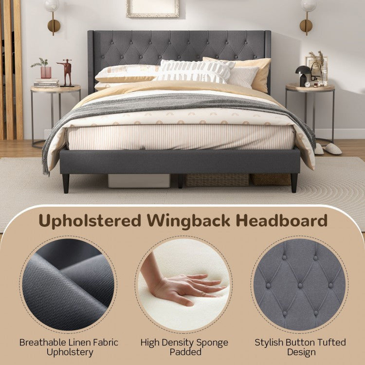 Modern Queen Size Upholstered Platform Bed with Button Tufted Wingback Headboard – Grey