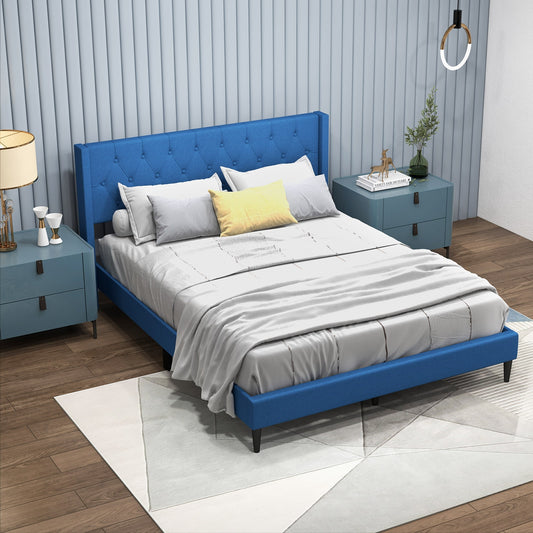Modern Queen Size Upholstered Platform Bed with Button Tufted Wingback Headboard – Blue