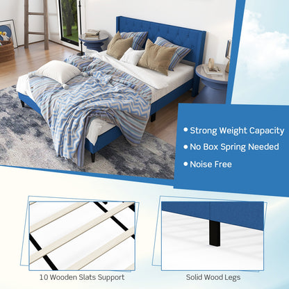 Modern Queen Size Upholstered Platform Bed with Button Tufted Wingback Headboard – Blue
