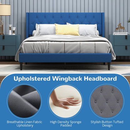 Modern Queen Size Upholstered Platform Bed with Button Tufted Wingback Headboard – Blue