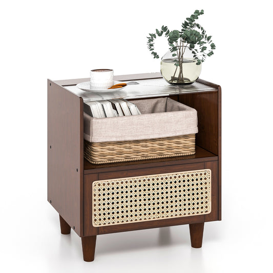 Bamboo and Rattan Nightstand with Drawer and Tempered Glass Top in Brown Finish