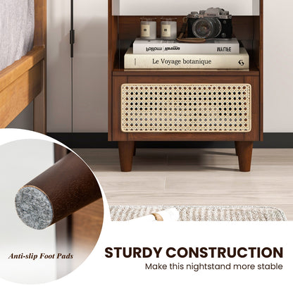 Bamboo and Rattan Nightstand with Drawer and Tempered Glass Top in Brown Finish
