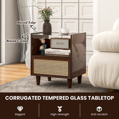 Bamboo and Rattan Nightstand with Drawer and Tempered Glass Top in Brown Finish