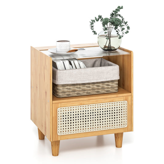 Bamboo and Rattan Nightstand with Drawer and Tempered Glass Top in Natural Finish