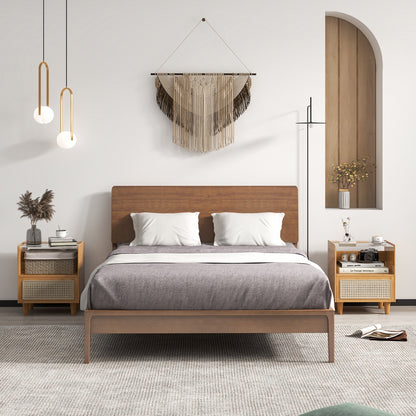 Bamboo and Rattan Nightstand with Drawer and Tempered Glass Top in Natural Finish