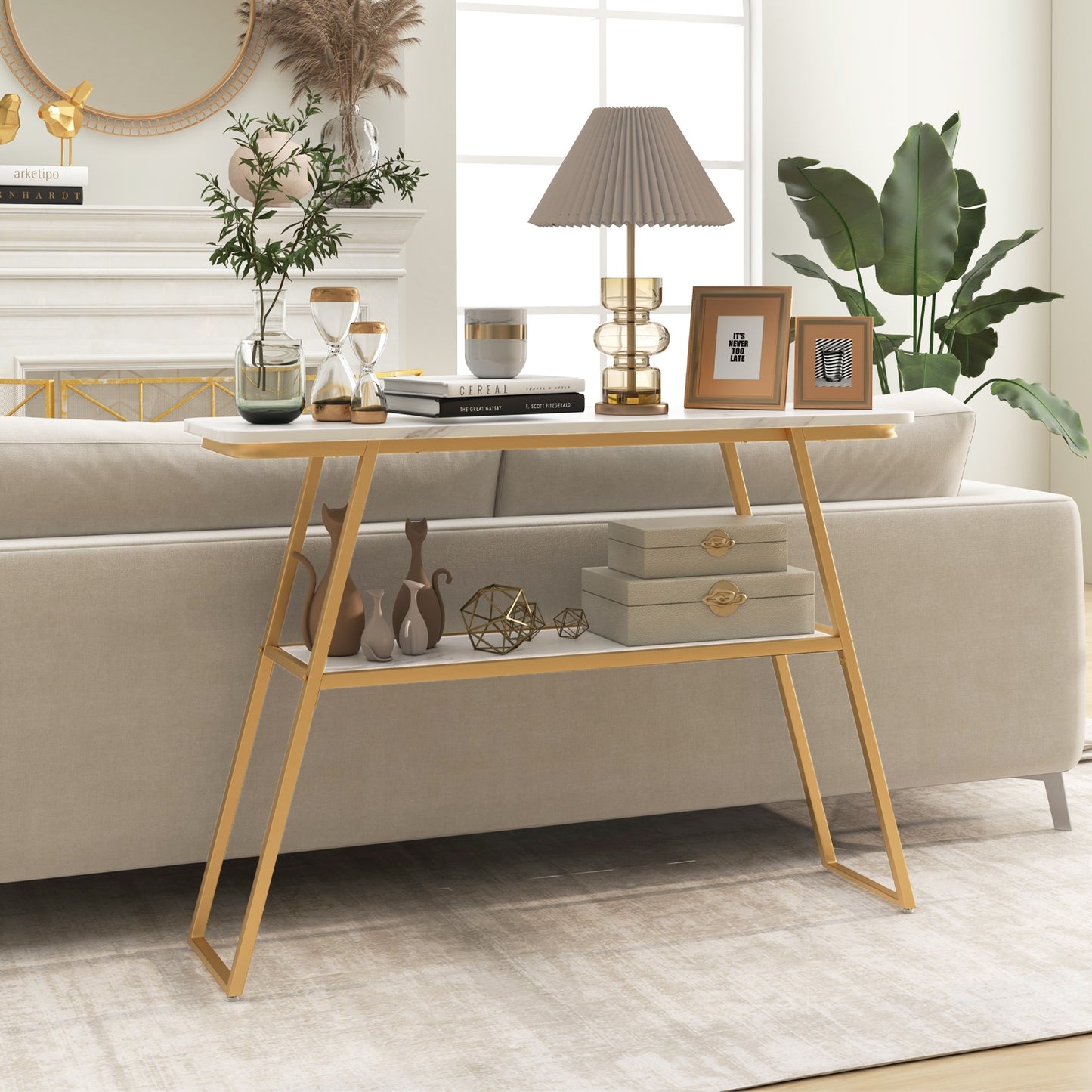 Faux Marble Console Table with Gold Frame for Entryway