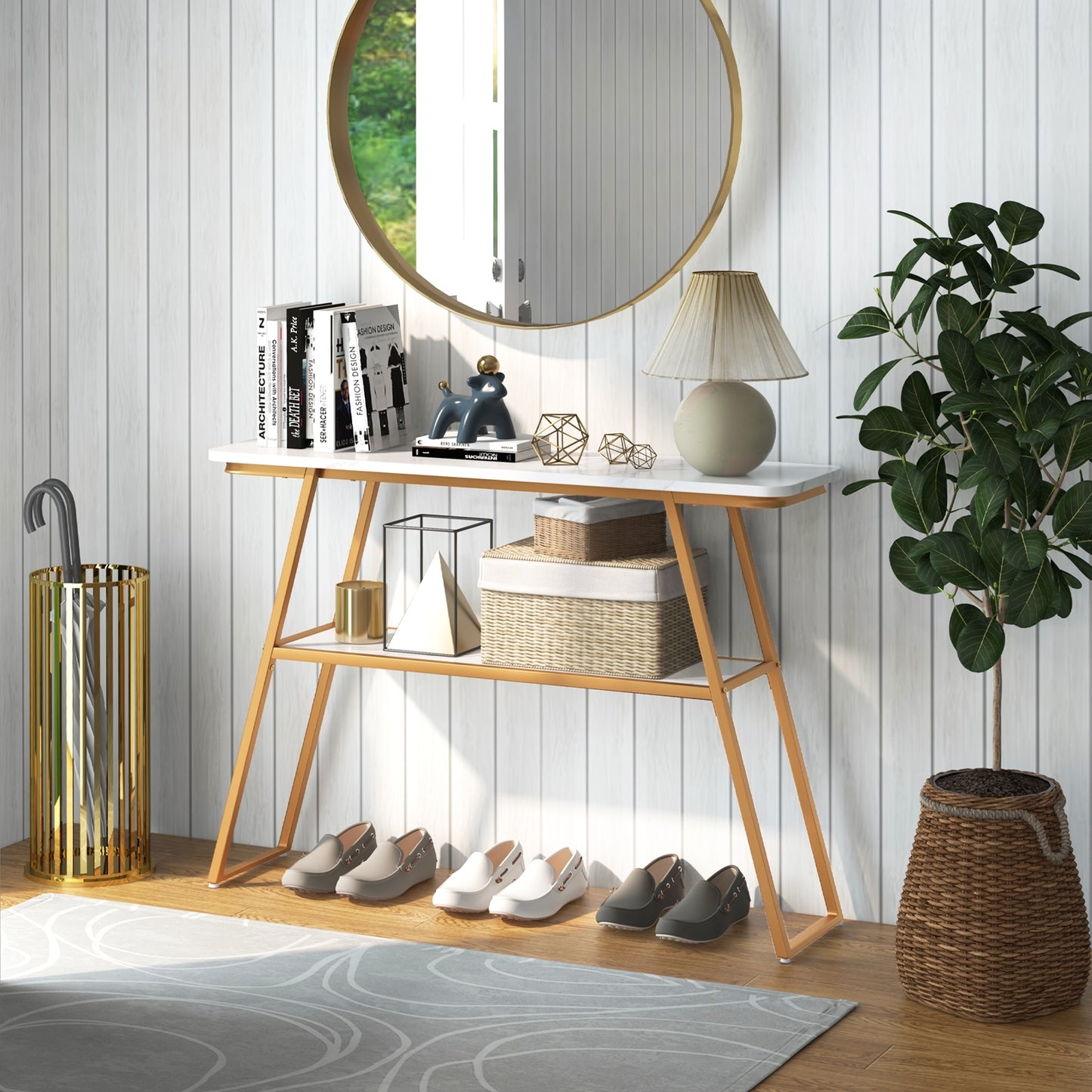 Faux Marble Console Table with Gold Frame for Entryway