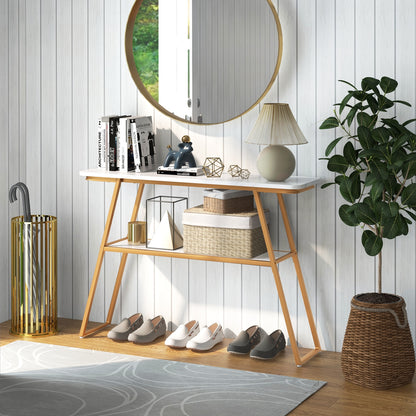Faux Marble Console Table with Gold Frame for Entryway