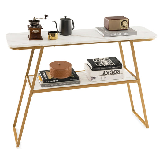 Faux Marble Console Table with Gold Frame for Entryway