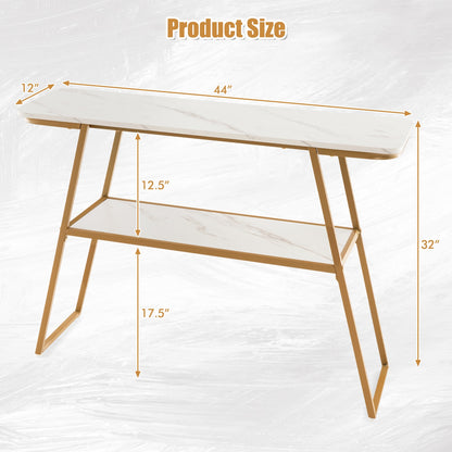 Faux Marble Console Table with Gold Frame for Entryway
